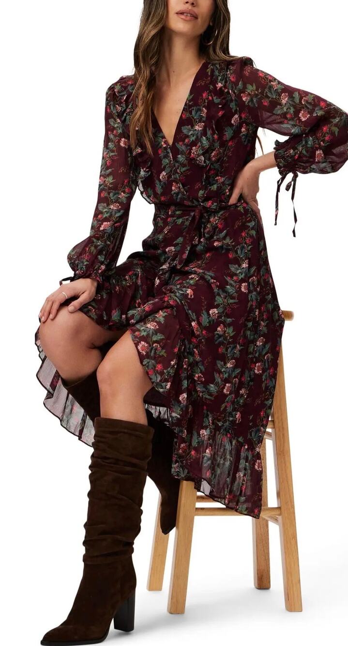 PAIGE Veranda Floral Print Silk long sleeve wrap Midi dress in Cherrywood. Sz S - Picture 1 of 8